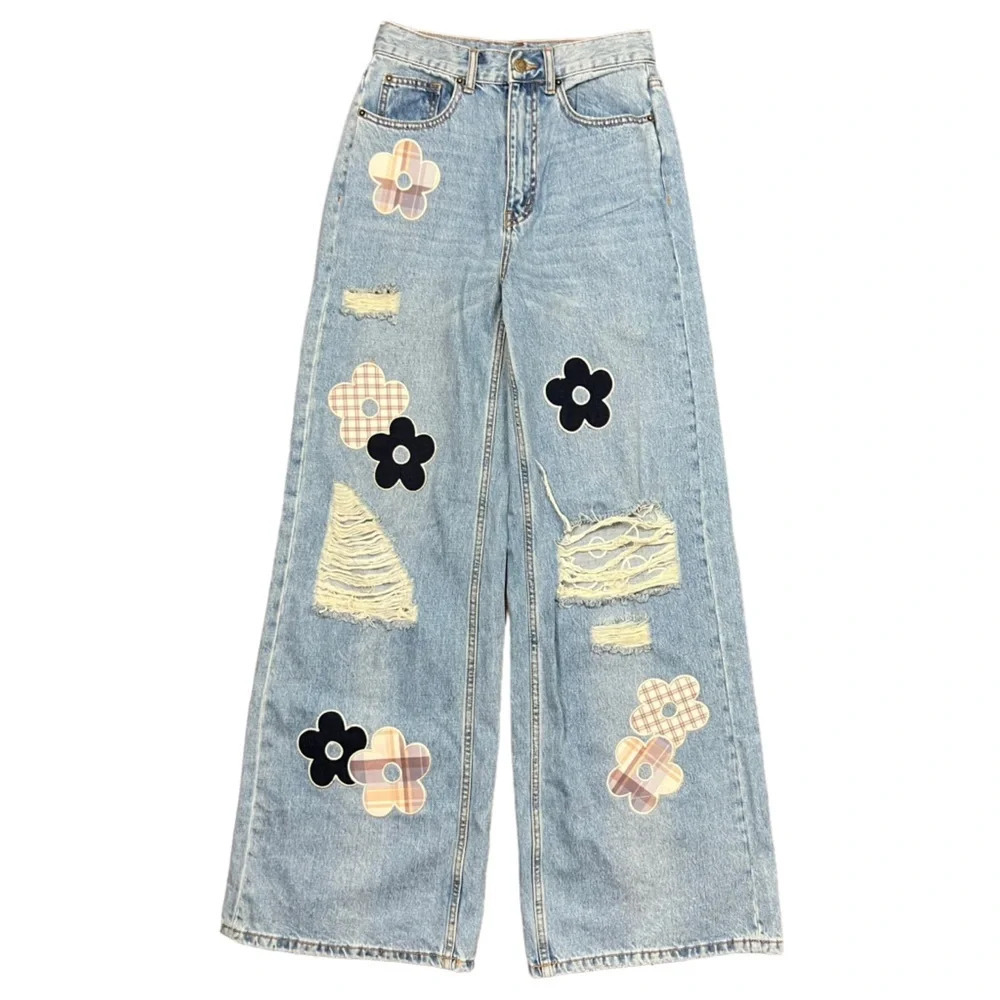Urban Outfitters Light Blue Wide-Leg Jeans with Floral Patches